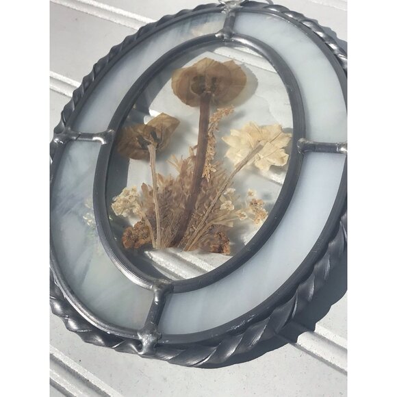Vtg Stained Glass Pewter Frame Dried Flowers Floral Wall Hanging Sun Catcher Art - Picture 4 of 11